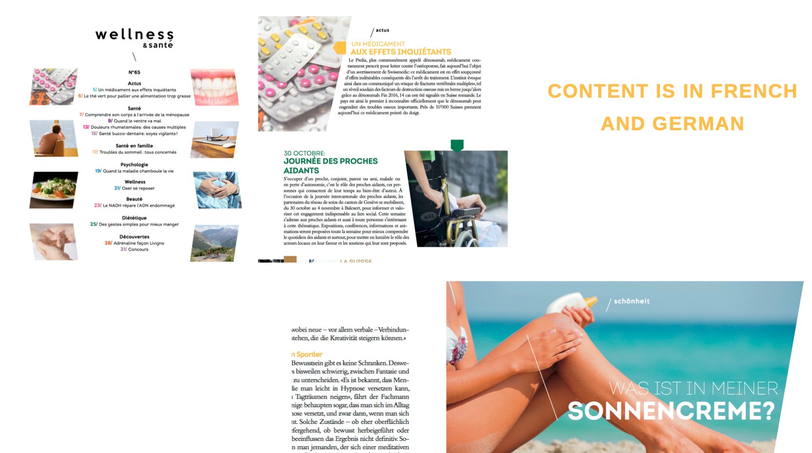 Wellness & Santé — interior pages in French and German with health articles